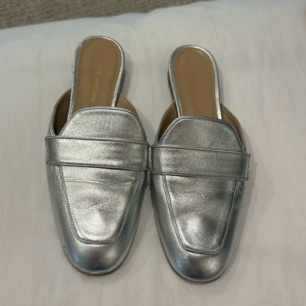 Stuart Weitzman Silver Mules